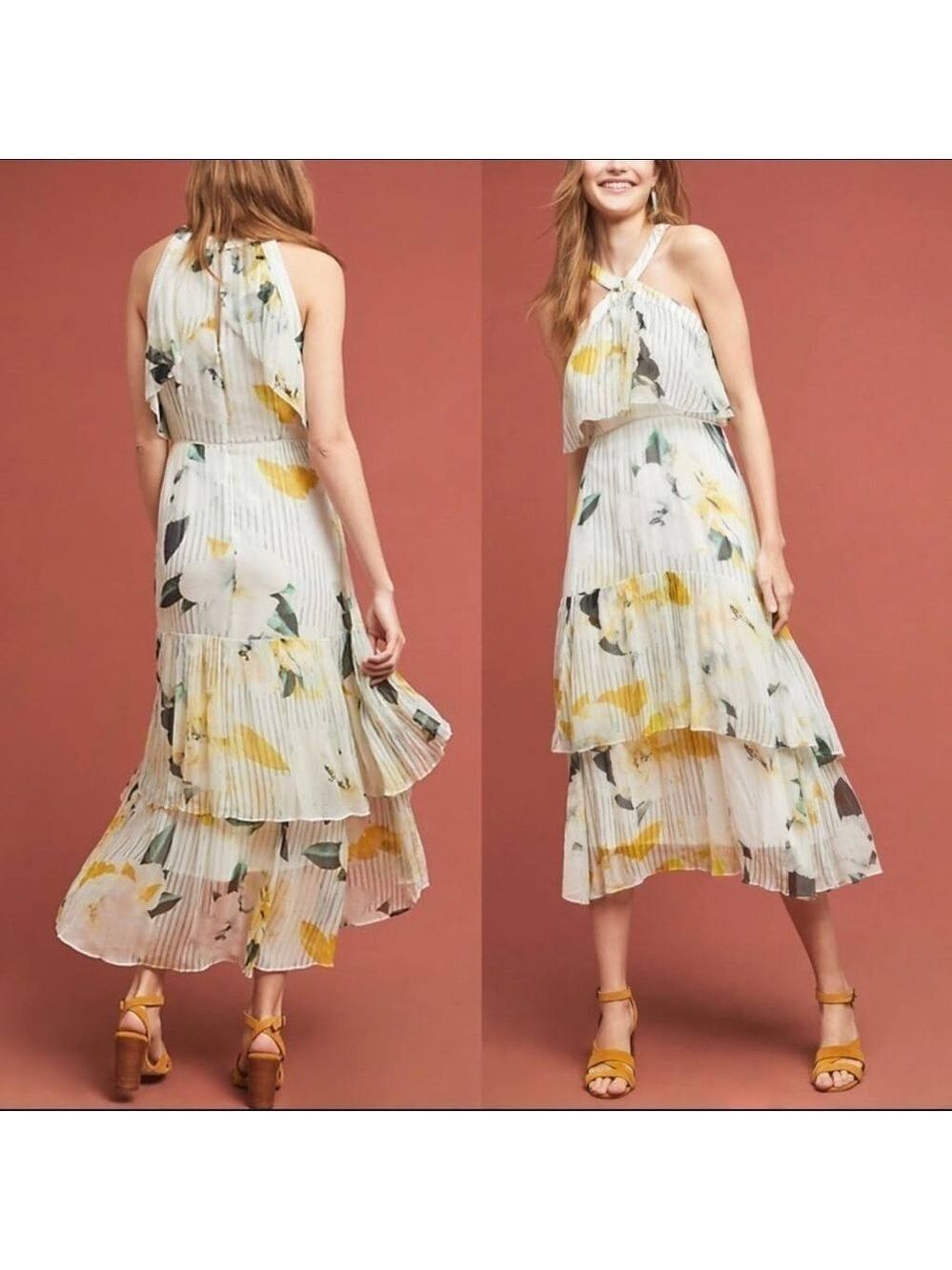 Anthropologie Garden Party Flowy Tiered Floral Midi Dress Wedding 0US UK4 Twee